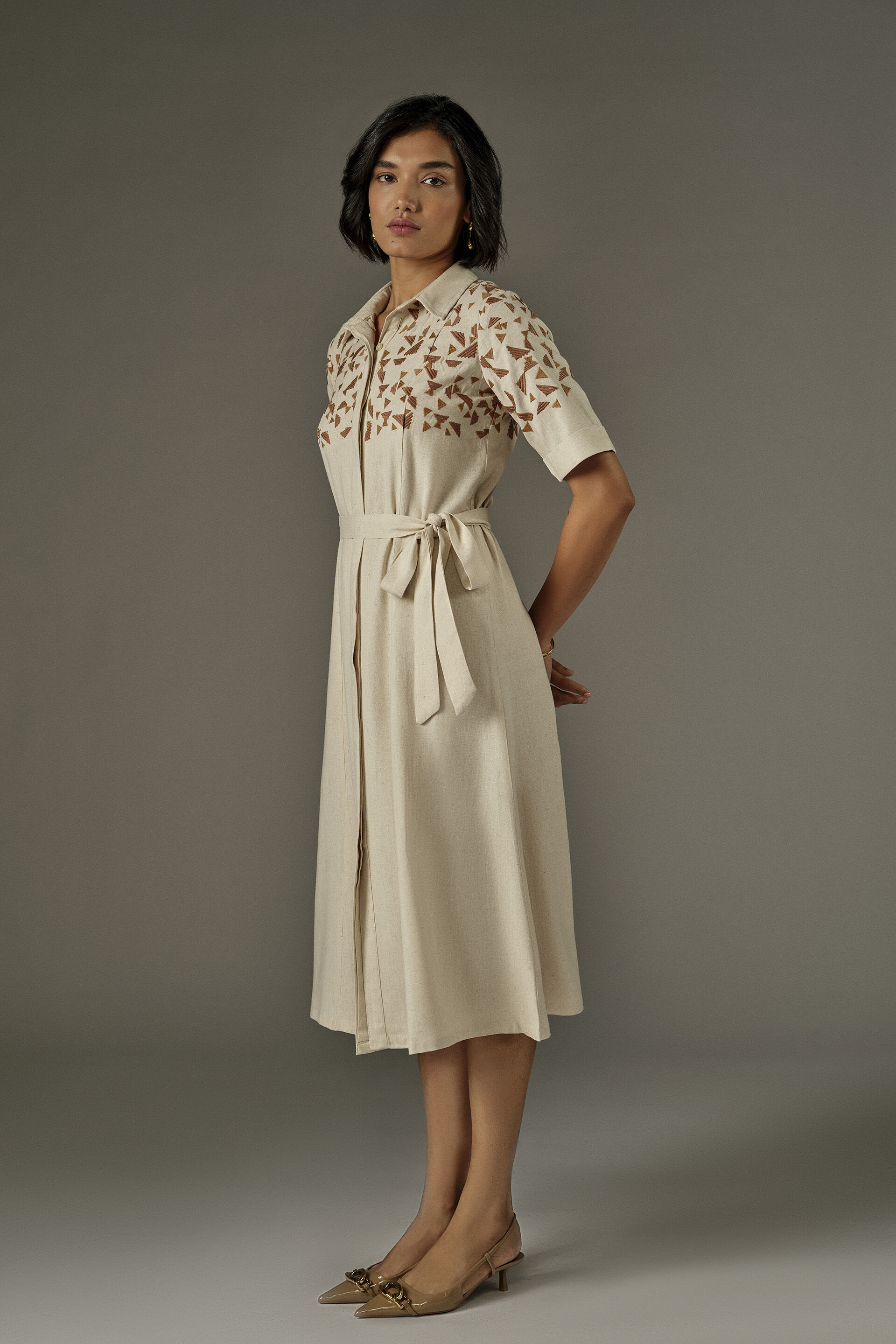 Geometric Embroidered Shirt Dress in Natural, Peach, image 4